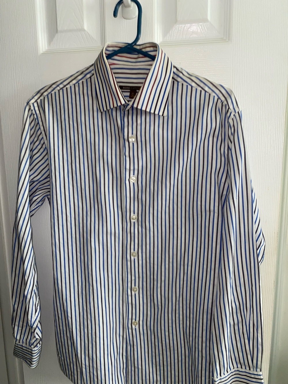 BCBG Men’s White Shirt with Blue and Black Stripes